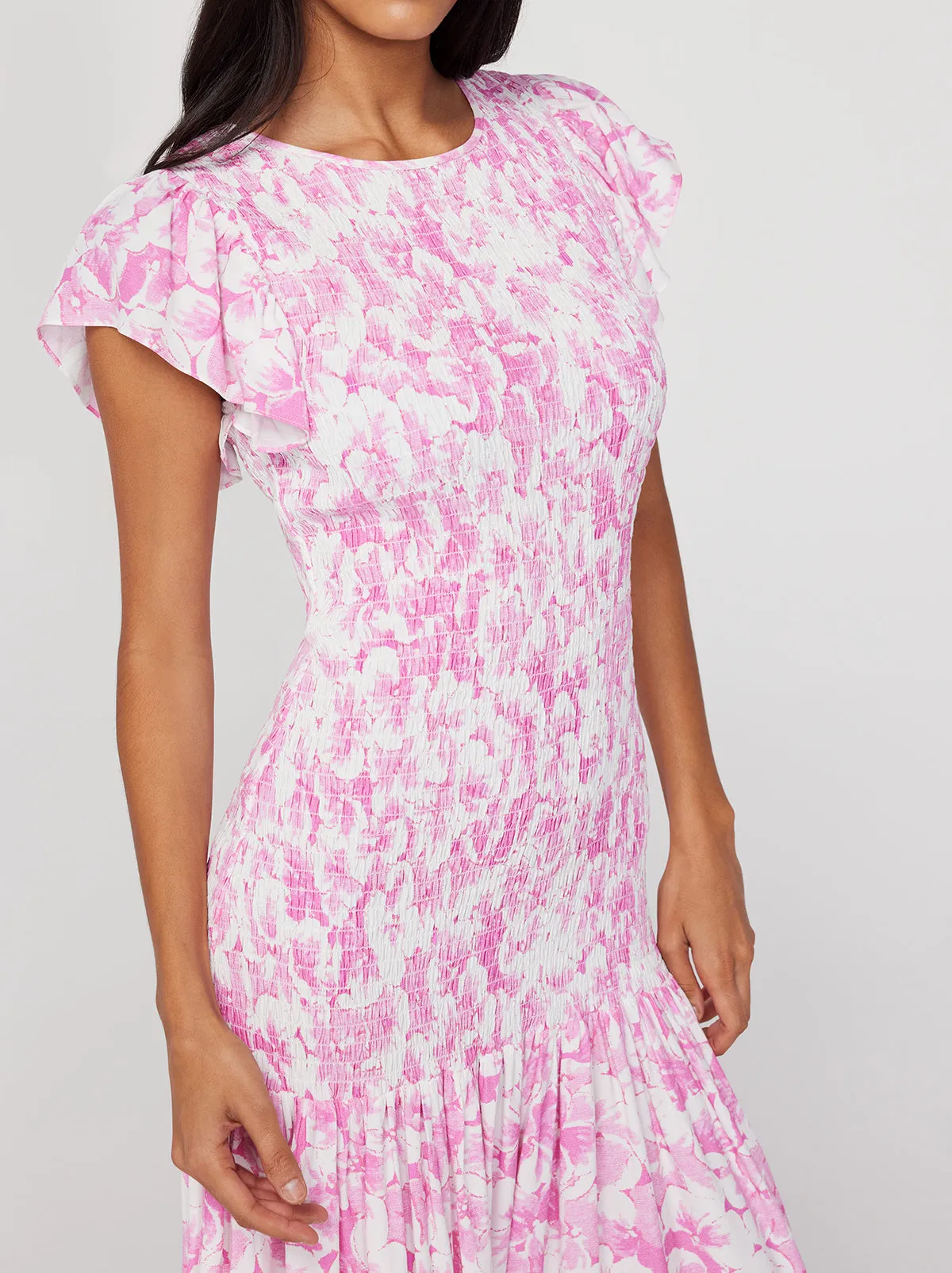 Jemima Pink Pansy Print Shirred Maxi Dress