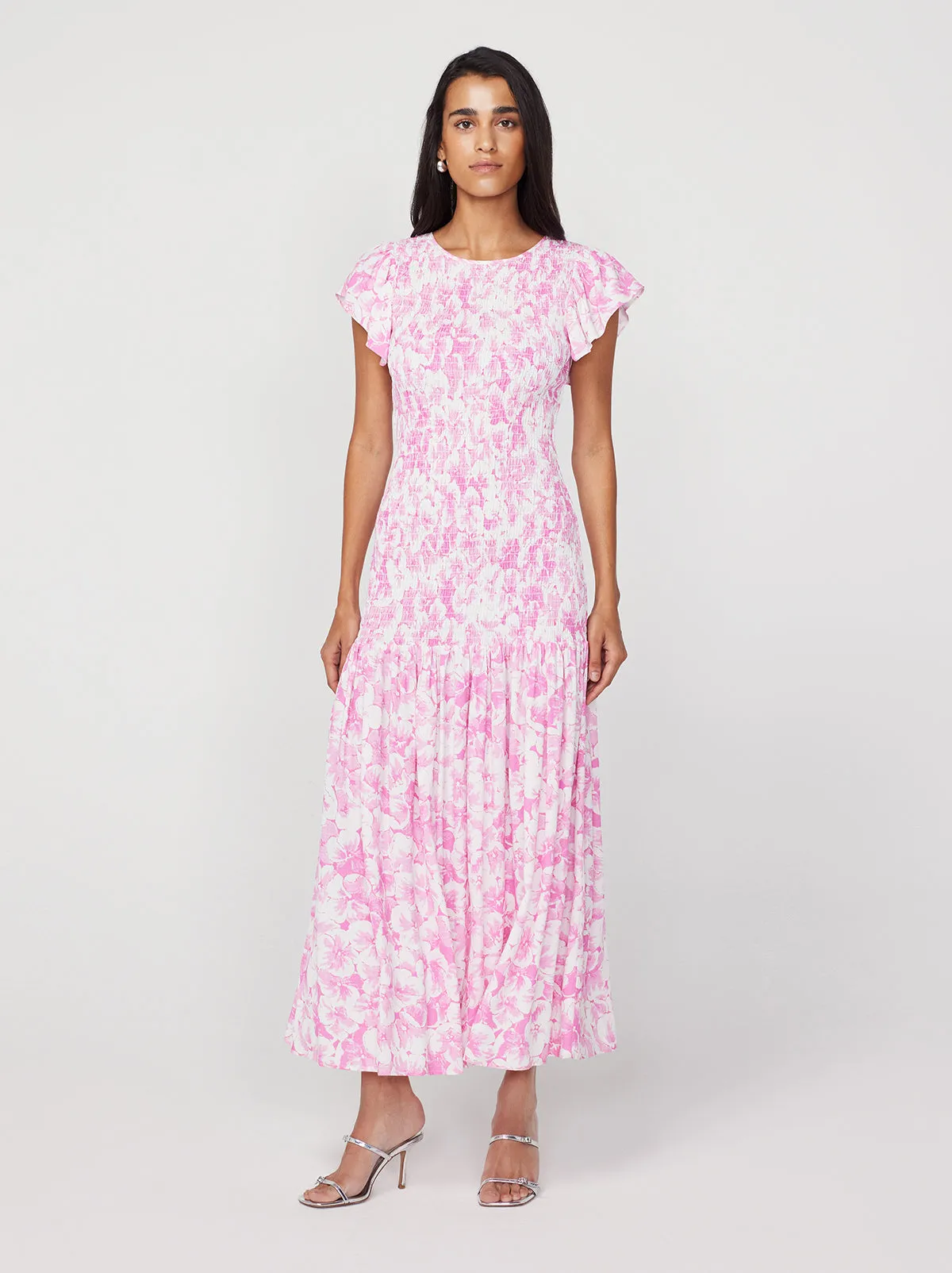 Jemima Pink Pansy Print Shirred Maxi Dress