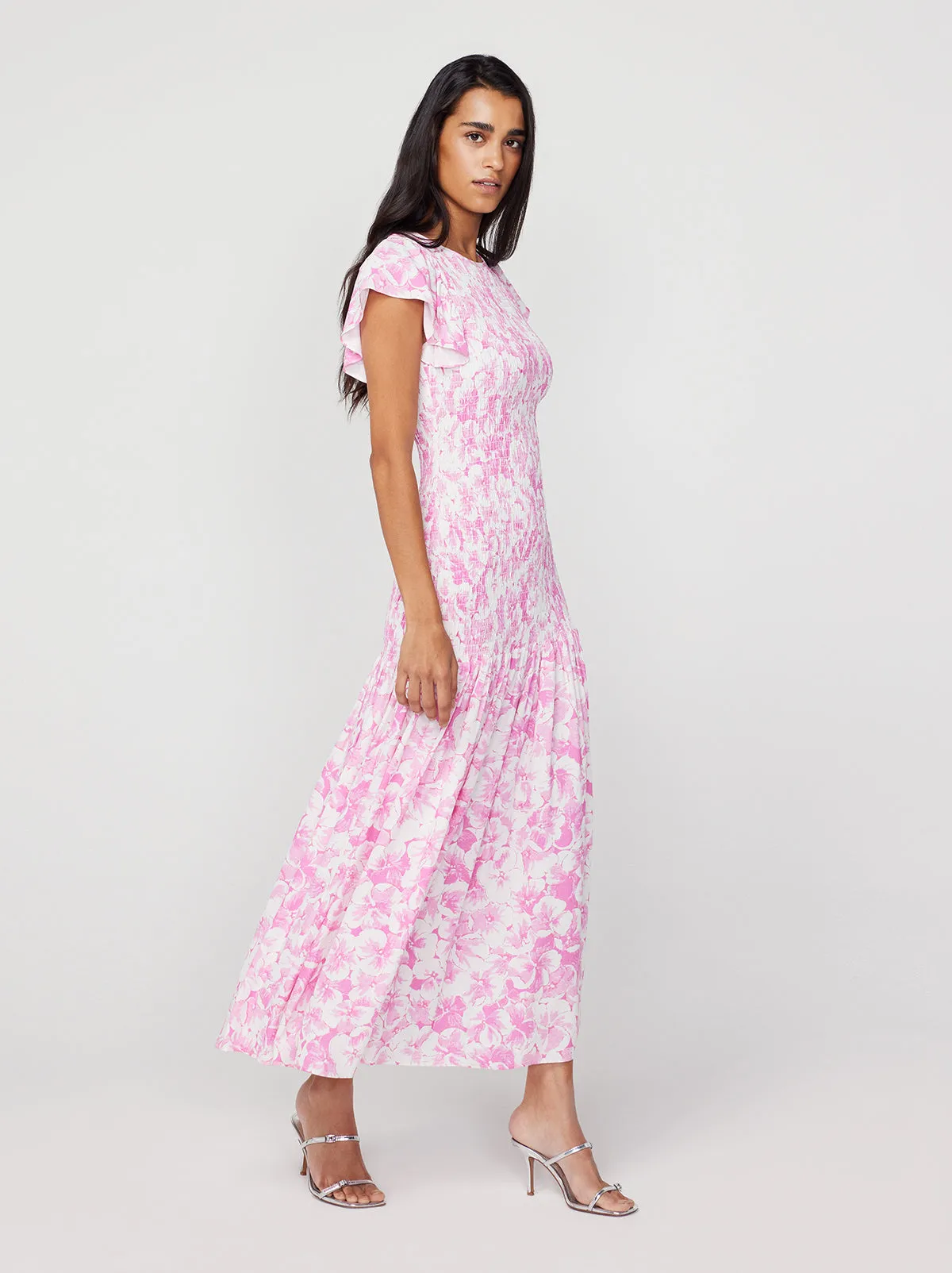 Jemima Pink Pansy Print Shirred Maxi Dress