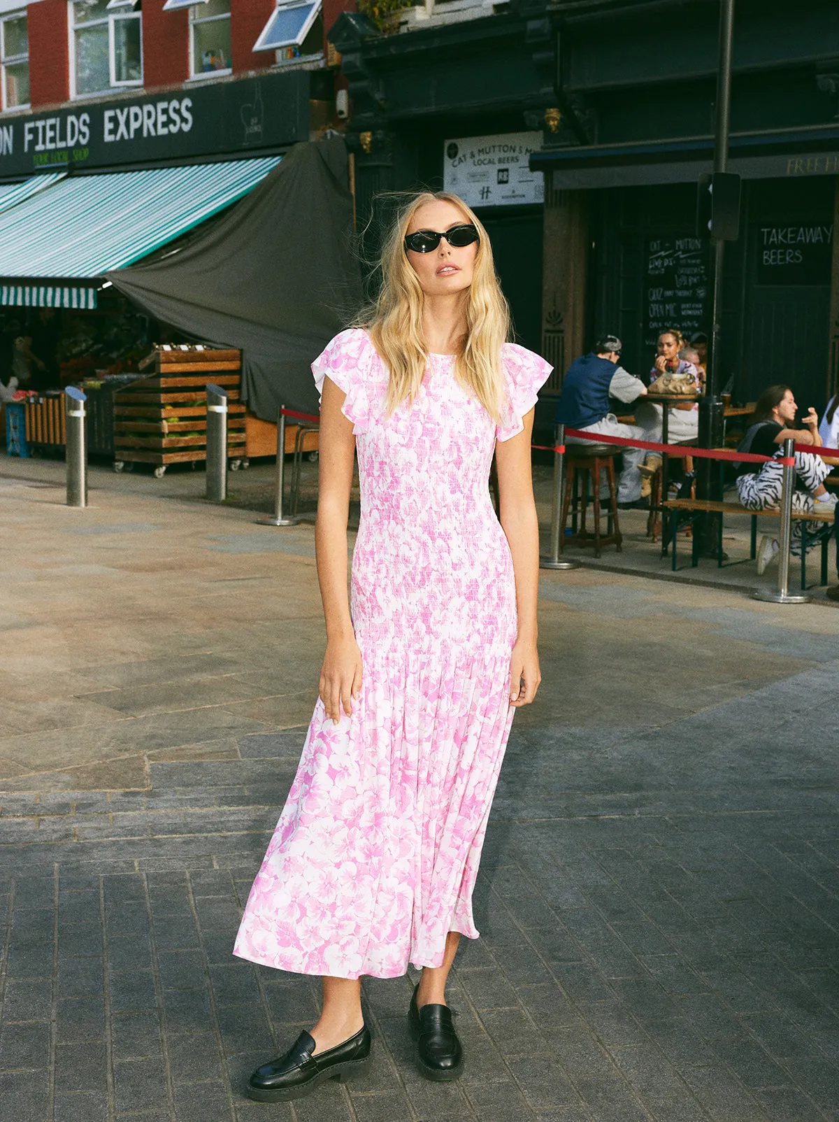 Jemima Pink Pansy Print Shirred Maxi Dress