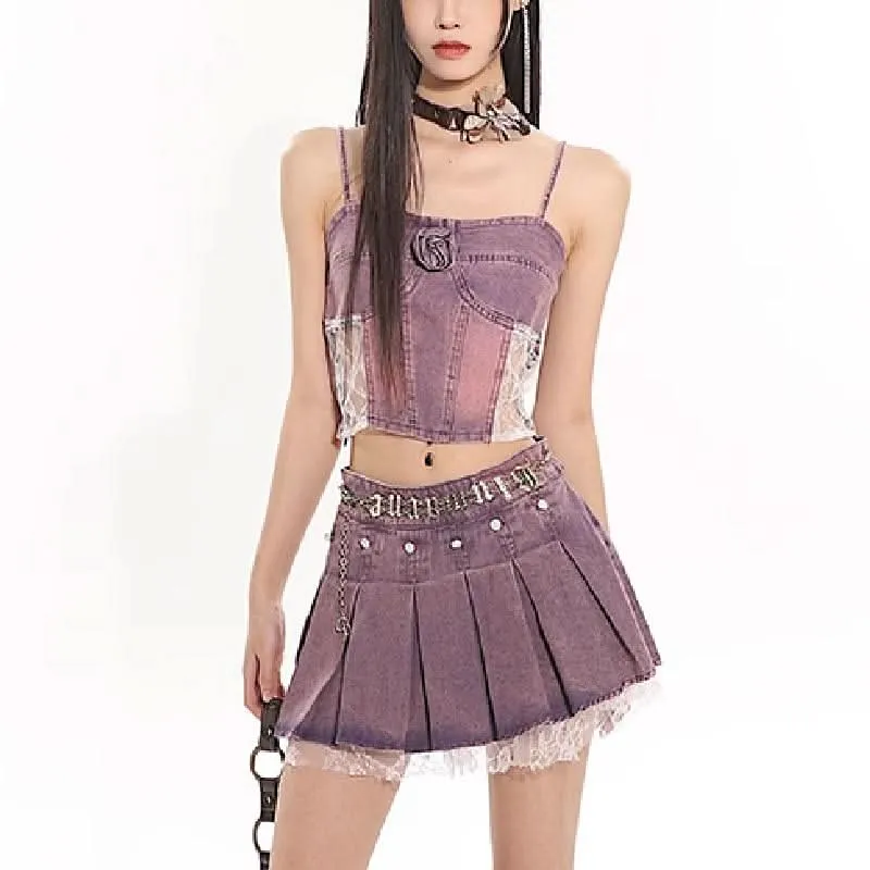 Lace hem flower applique denim pleated cami mini skirt set