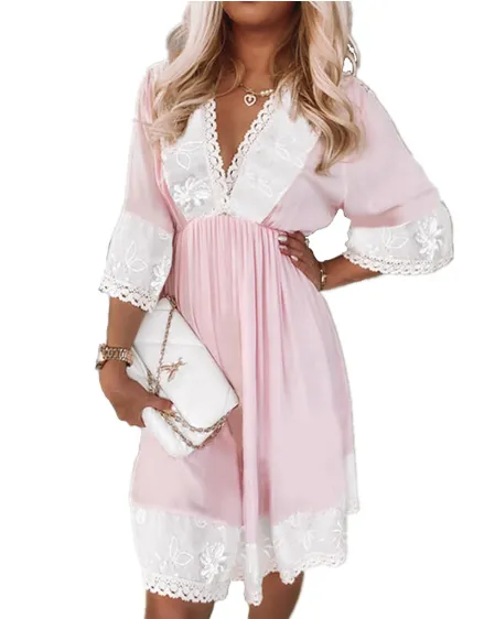 Lace stitching cropped sleeve jacquard dress