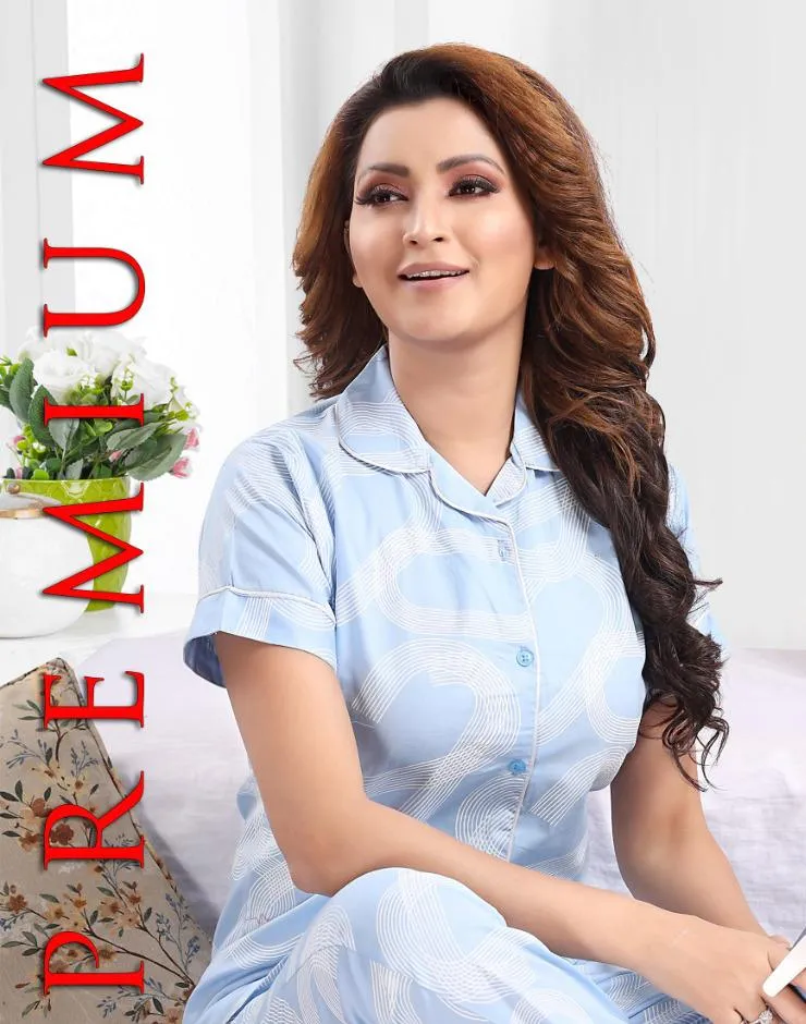 Ladies Cotton Printed Blue Collar Top Pyjama Sets Nightwear
