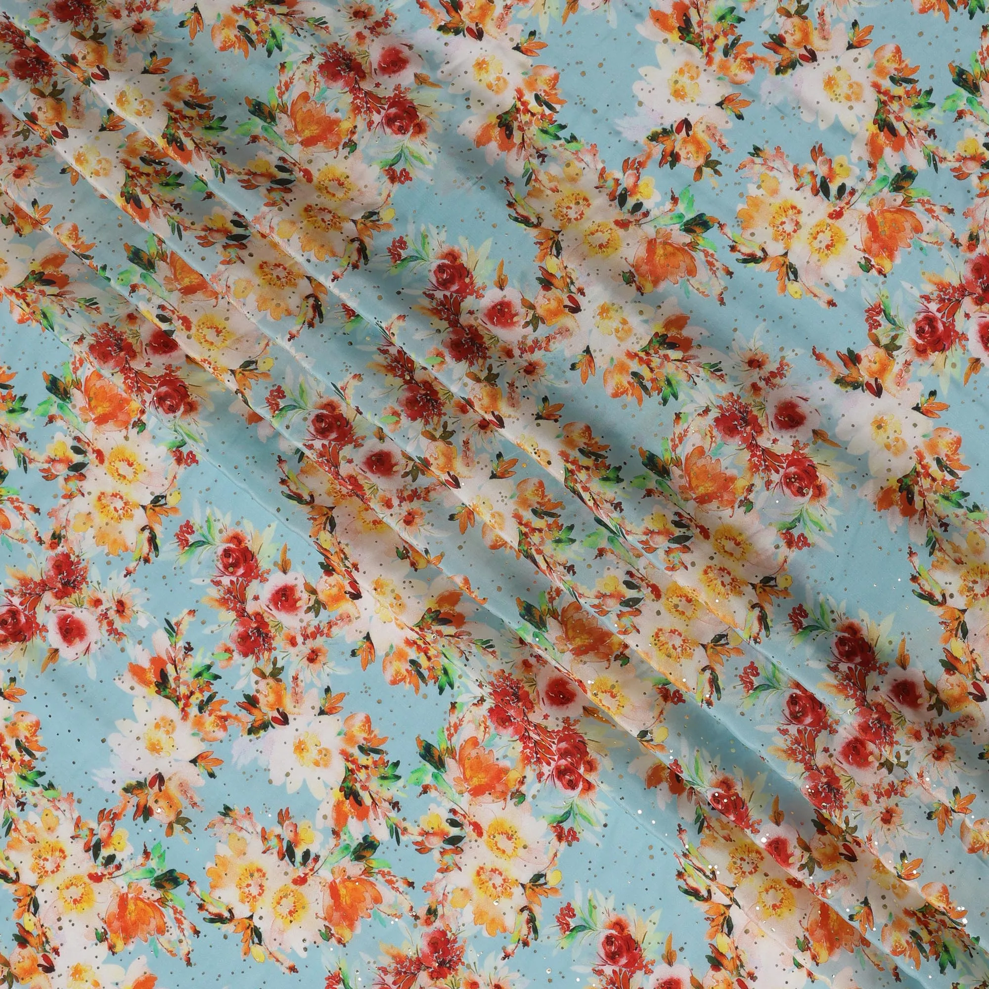 Light Blue Indian Viscose Crepe Fabric with Foil, Floral Print, 110 cm Width-D20921