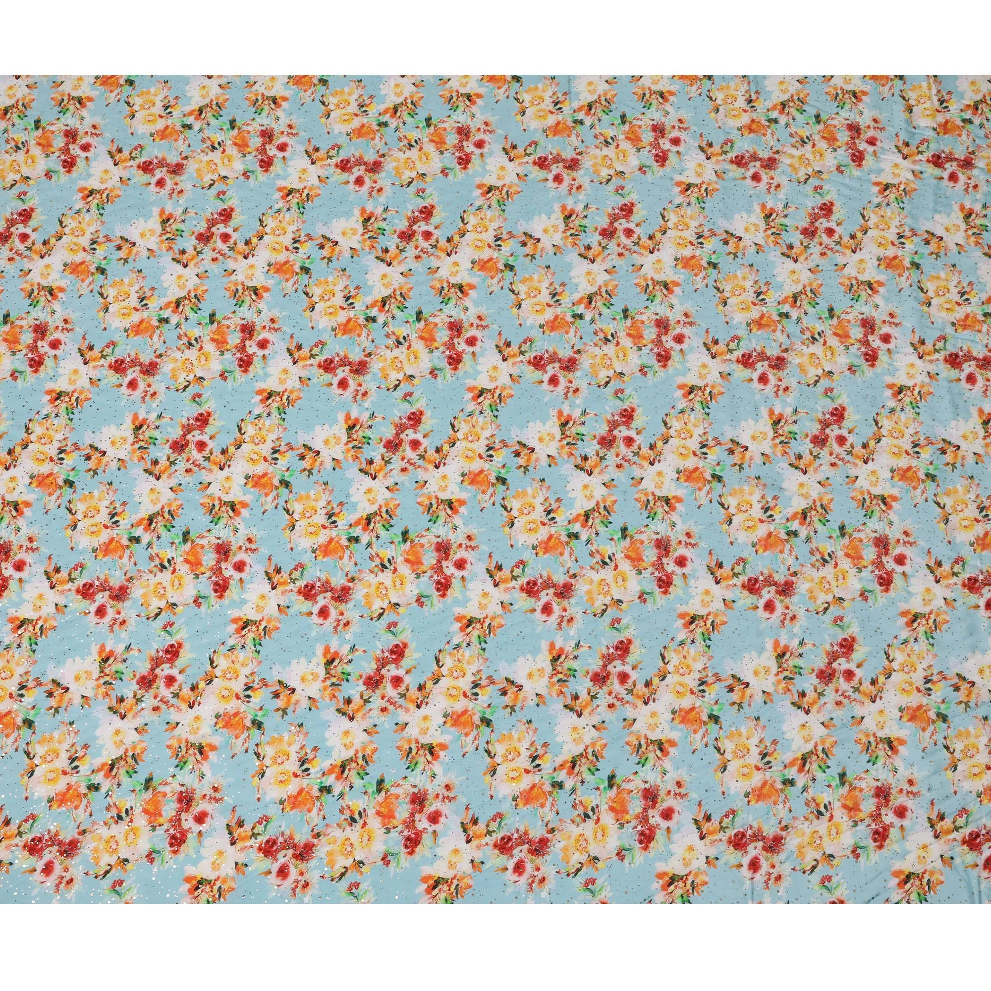 Light Blue Indian Viscose Crepe Fabric with Foil, Floral Print, 110 cm Width-D20921