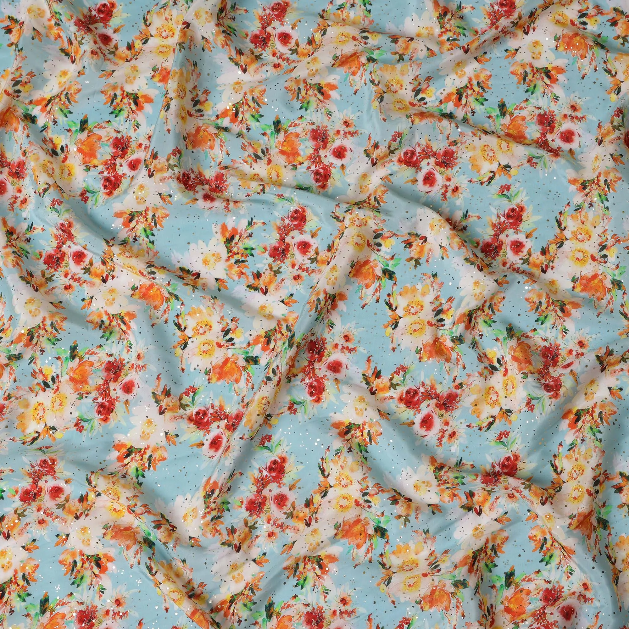 Light Blue Indian Viscose Crepe Fabric with Foil, Floral Print, 110 cm Width-D20921