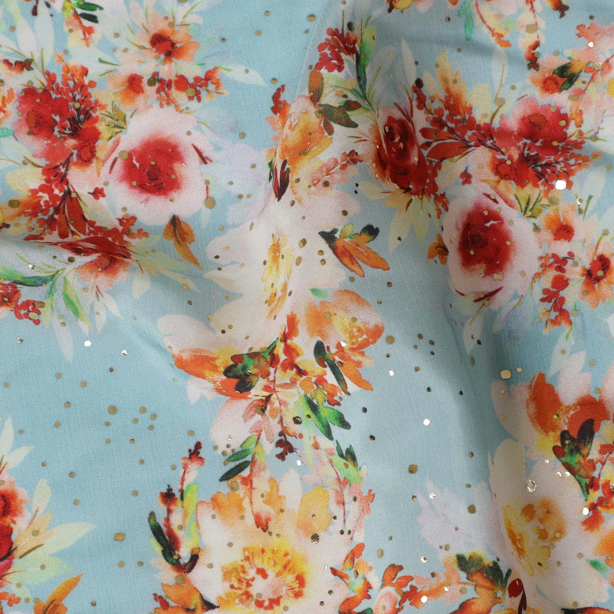 Light Blue Indian Viscose Crepe Fabric with Foil, Floral Print, 110 cm Width-D20921
