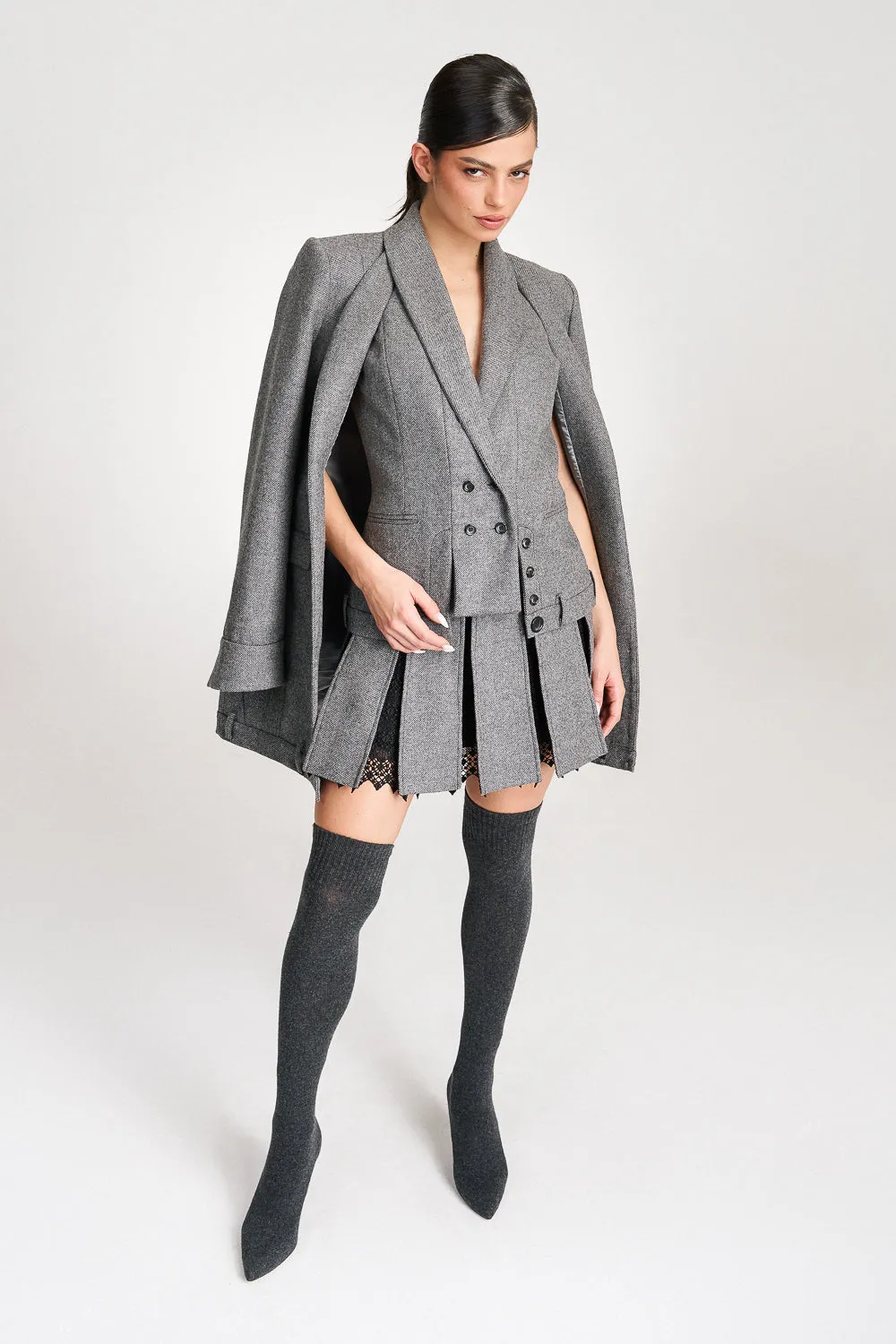 'Maeve' Grey Wool Pleated Lace-trimmed Mini Skirt