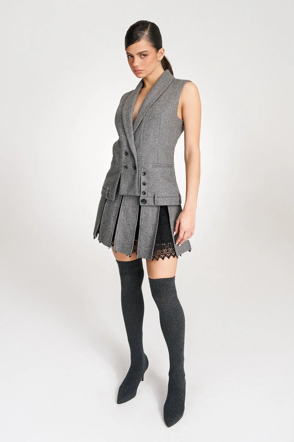 'Maeve' Grey Wool Pleated Lace-trimmed Mini Skirt