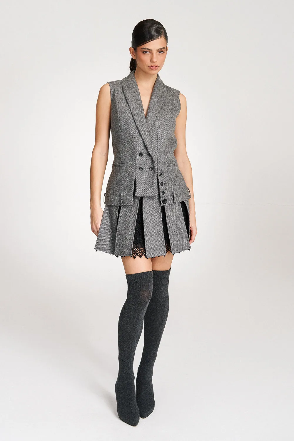 'Maeve' Grey Wool Pleated Lace-trimmed Mini Skirt