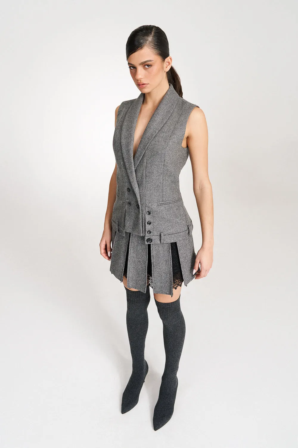 'Maeve' Grey Wool Pleated Lace-trimmed Mini Skirt