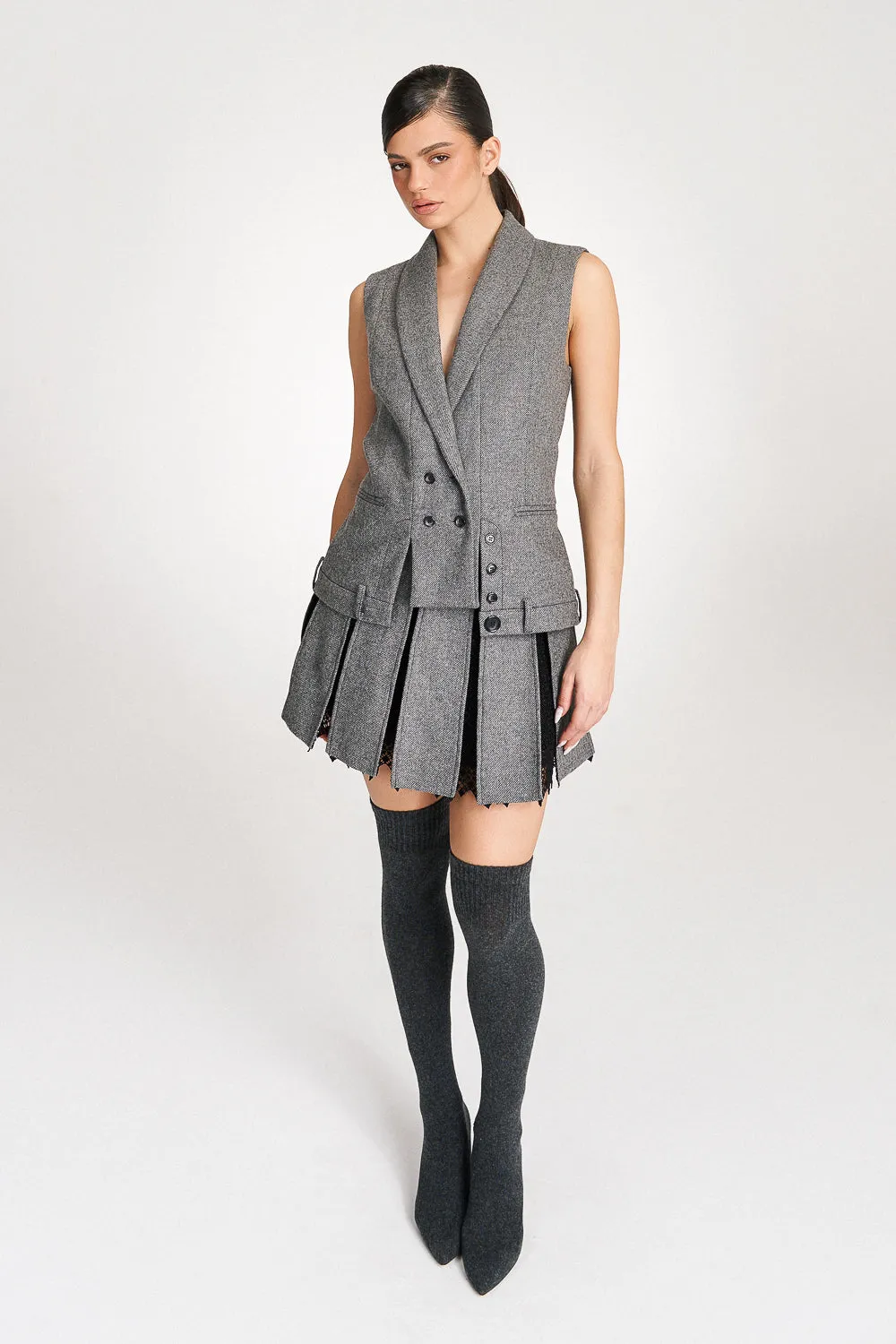 'Maeve' Grey Wool Pleated Lace-trimmed Mini Skirt