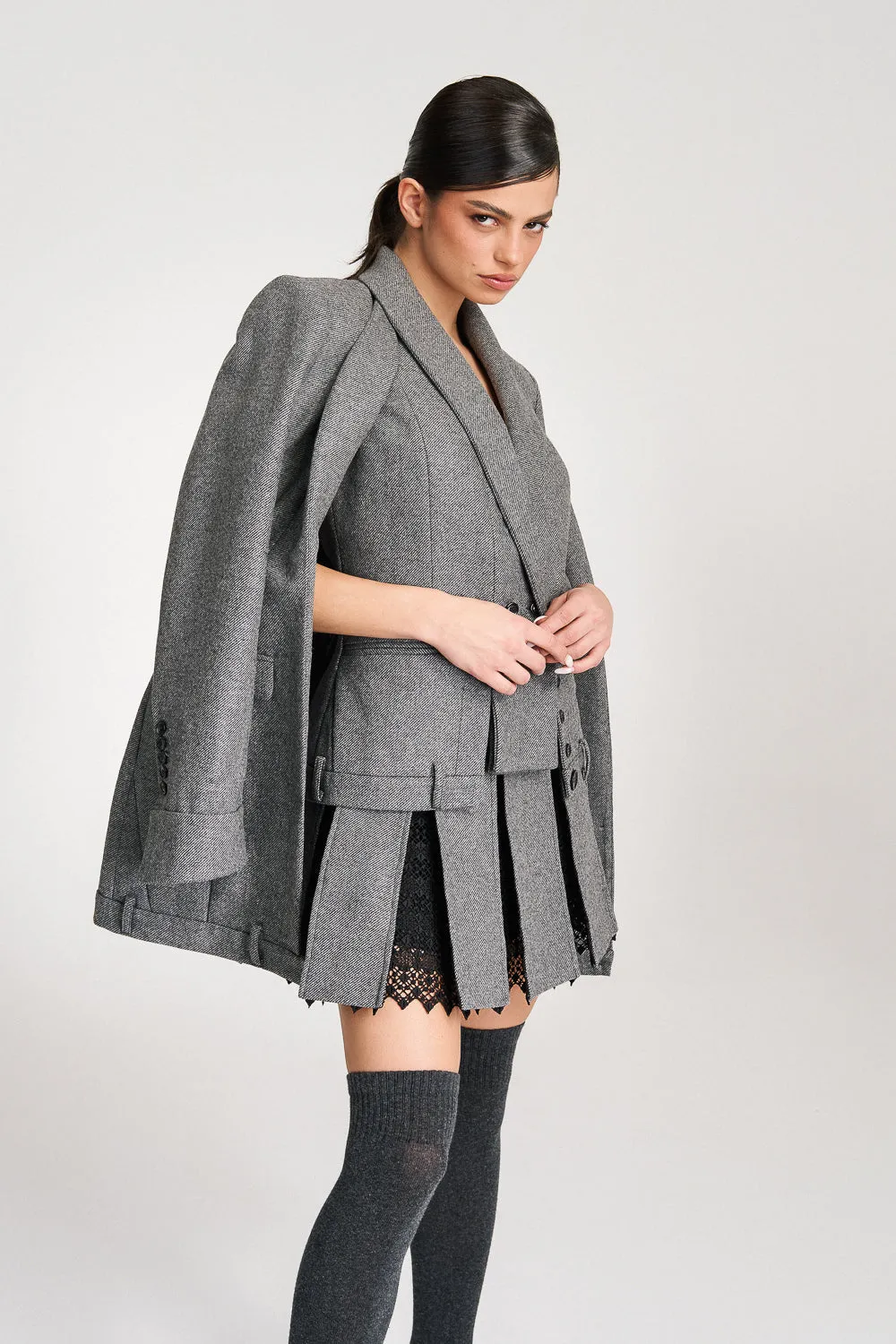 'Maeve' Grey Wool Pleated Lace-trimmed Mini Skirt
