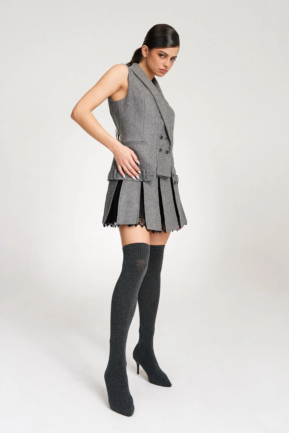 'Maeve' Grey Wool Pleated Lace-trimmed Mini Skirt