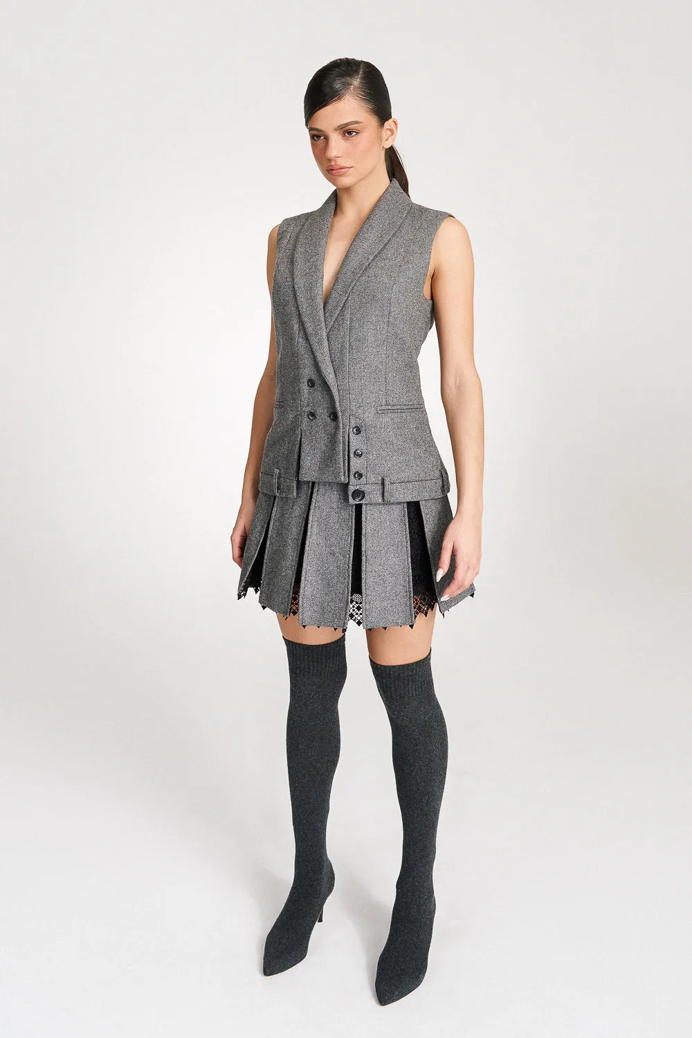 'Maeve' Grey Wool Pleated Lace-trimmed Mini Skirt