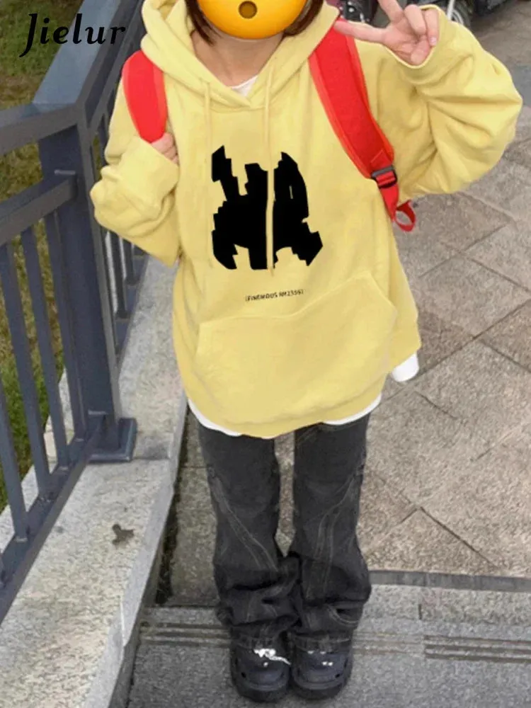 Metaversmall Casual Hooded Drawstring Fashion Printing Women Hoodies Loose Simple Street Chicly Pocket Solid Color Female Hoodies