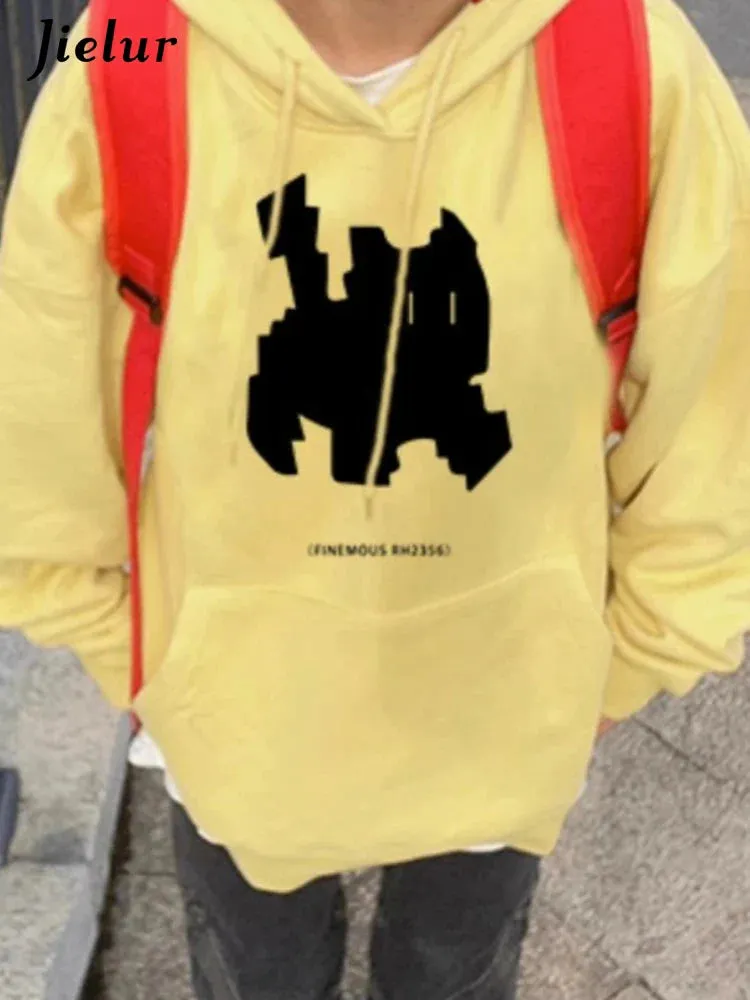 Metaversmall Casual Hooded Drawstring Fashion Printing Women Hoodies Loose Simple Street Chicly Pocket Solid Color Female Hoodies