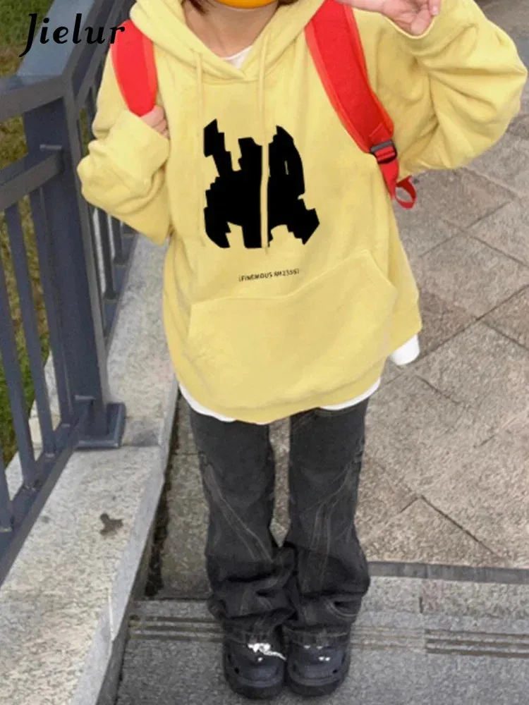 Metaversmall Casual Hooded Drawstring Fashion Printing Women Hoodies Loose Simple Street Chicly Pocket Solid Color Female Hoodies