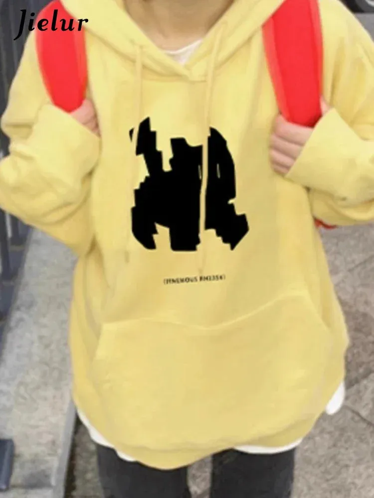 Metaversmall Casual Hooded Drawstring Fashion Printing Women Hoodies Loose Simple Street Chicly Pocket Solid Color Female Hoodies