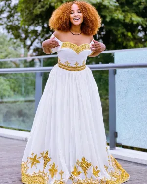 Modern Golden Ethiopian Traditional Dress: Off Shoulder Chic Habesha Dress Tailored for Any Event Habesha Kemis
