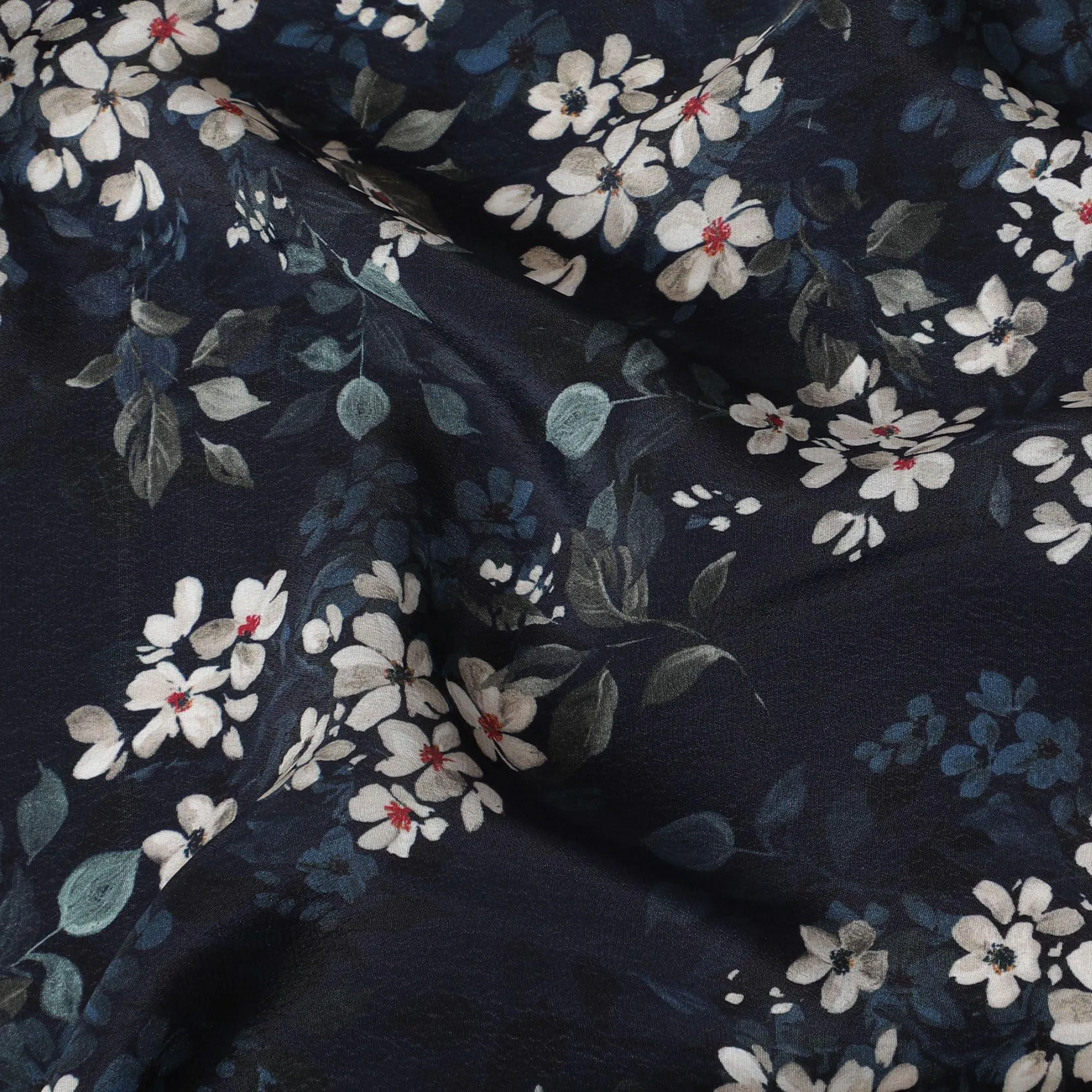 Navy blue synthetic crepe fabric with white, light green and red digital prints in floral design-D15769