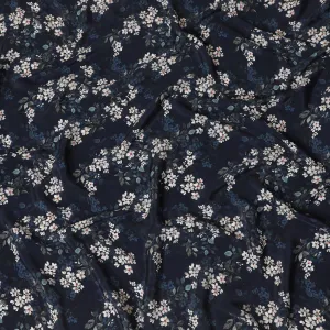 Navy blue synthetic crepe fabric with white, light green and red digital prints in floral design-D15769