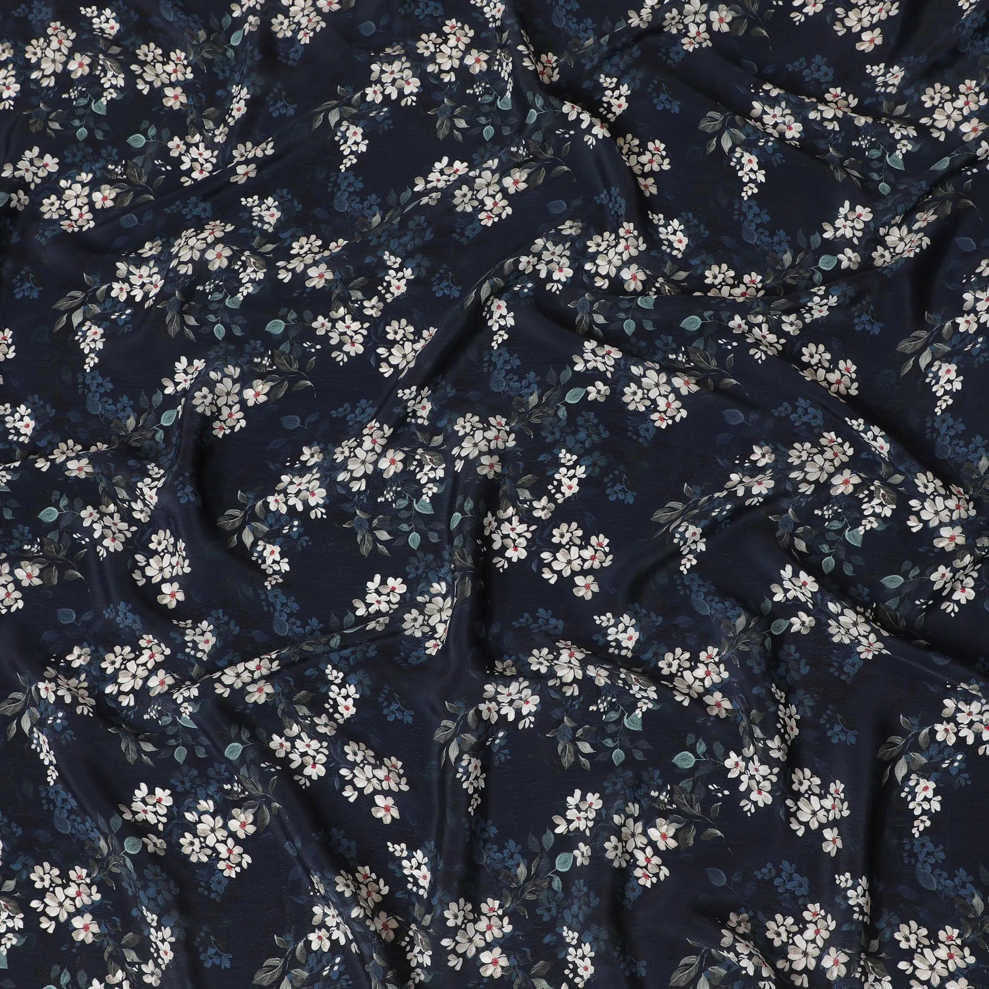 Navy blue synthetic crepe fabric with white, light green and red digital prints in floral design-D15769