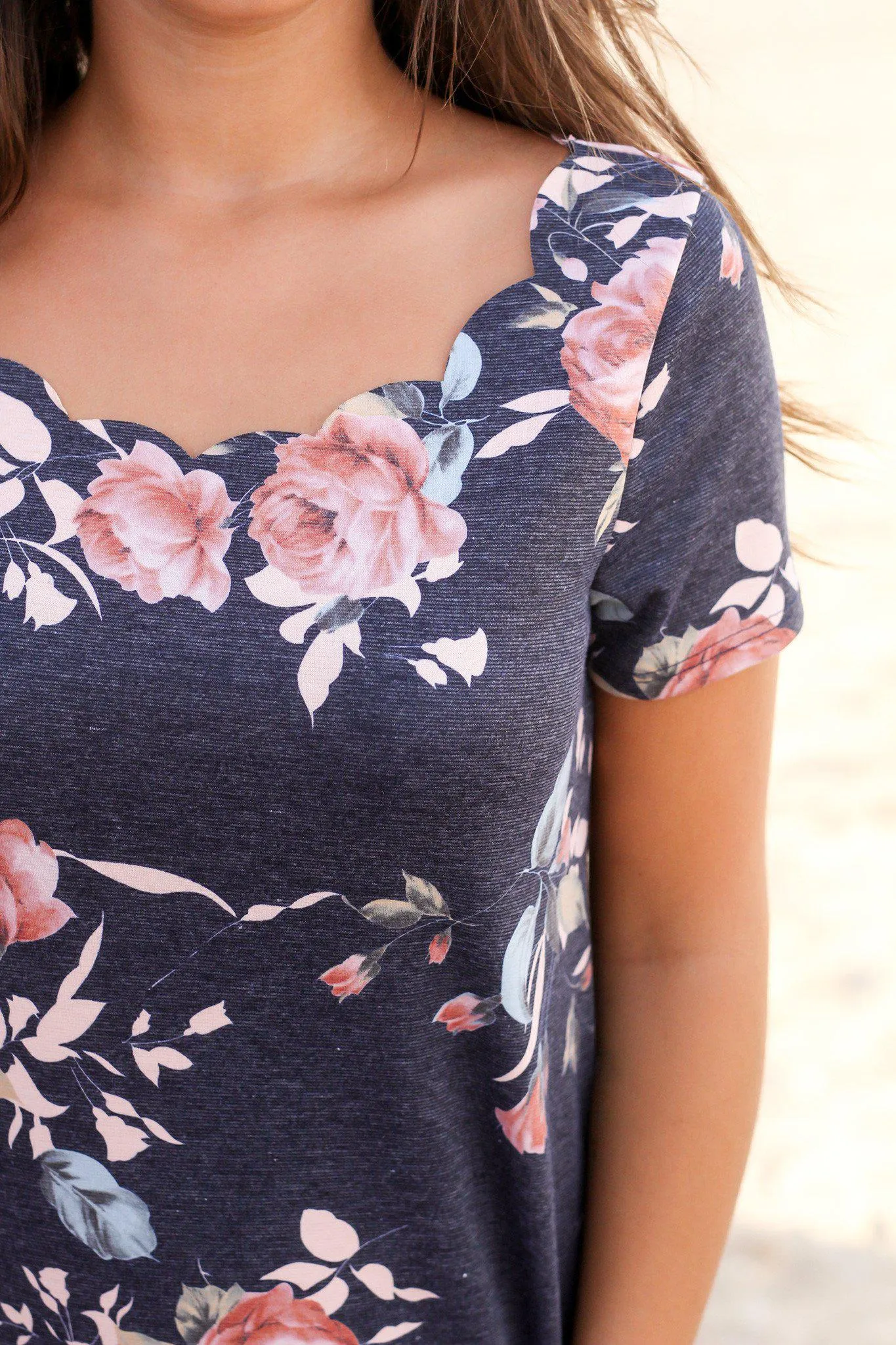 Navy Floral Scalloped Short Dress