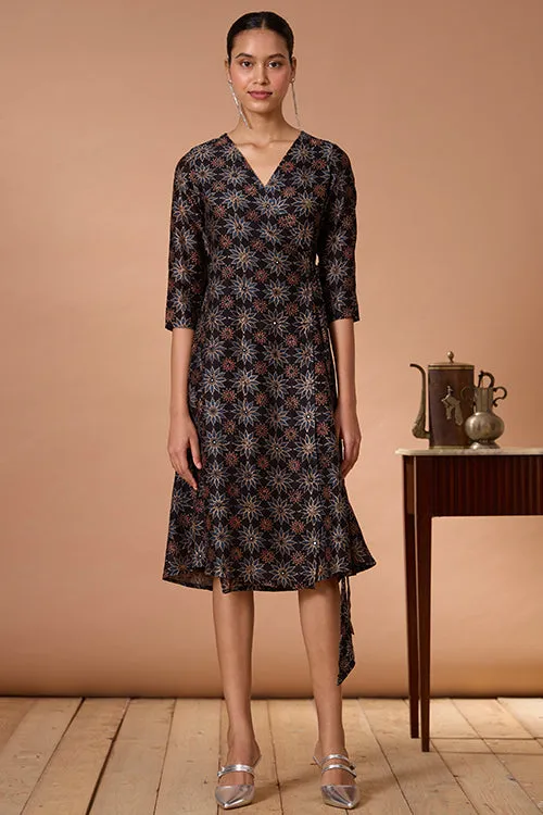 Okhai "Neelam" Hand Embroidered Mirrorwork Handblock Printed Chanderi Silk Ajrakh Wrap Dress