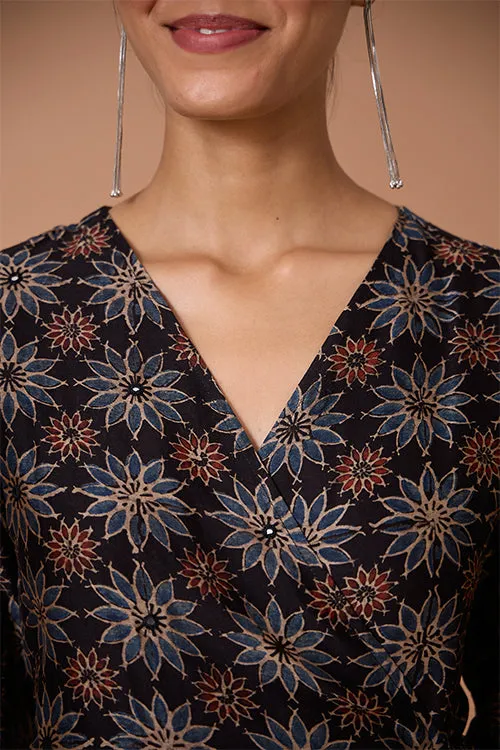 Okhai "Neelam" Hand Embroidered Mirrorwork Handblock Printed Chanderi Silk Ajrakh Wrap Dress