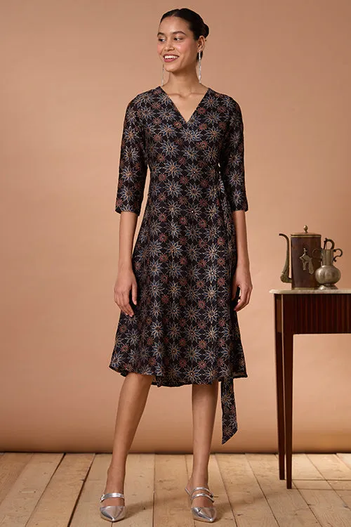 Okhai "Neelam" Hand Embroidered Mirrorwork Handblock Printed Chanderi Silk Ajrakh Wrap Dress