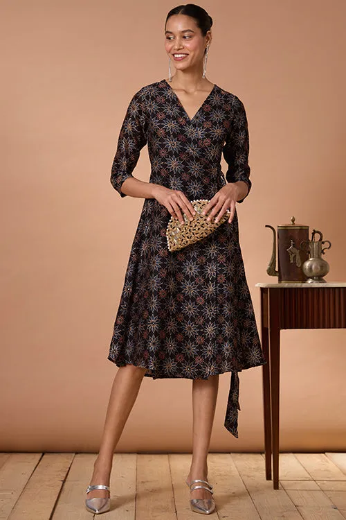 Okhai "Neelam" Hand Embroidered Mirrorwork Handblock Printed Chanderi Silk Ajrakh Wrap Dress