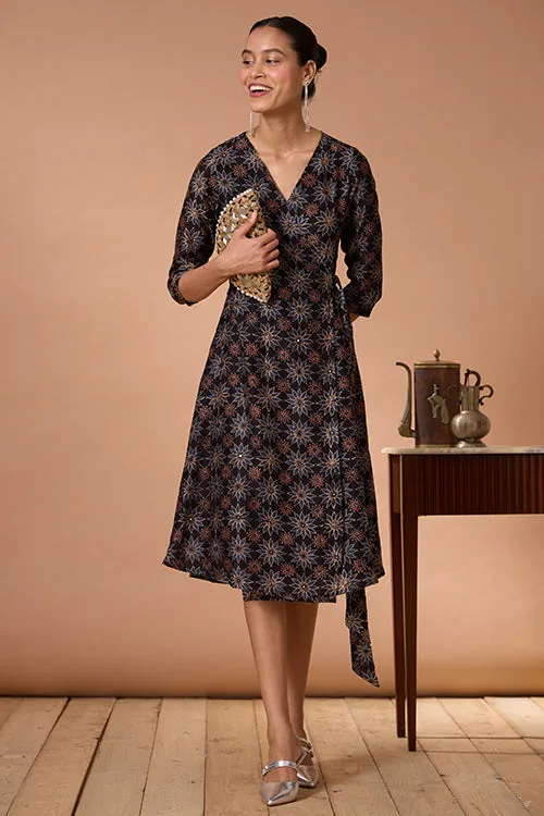 Okhai "Neelam" Hand Embroidered Mirrorwork Handblock Printed Chanderi Silk Ajrakh Wrap Dress