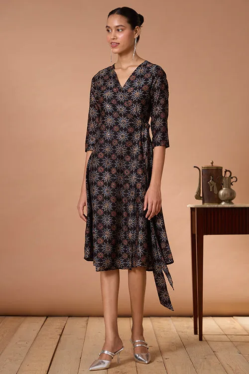 Okhai "Neelam" Hand Embroidered Mirrorwork Handblock Printed Chanderi Silk Ajrakh Wrap Dress