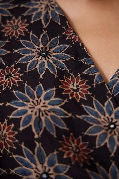 Okhai "Neelam" Hand Embroidered Mirrorwork Handblock Printed Chanderi Silk Ajrakh Wrap Dress