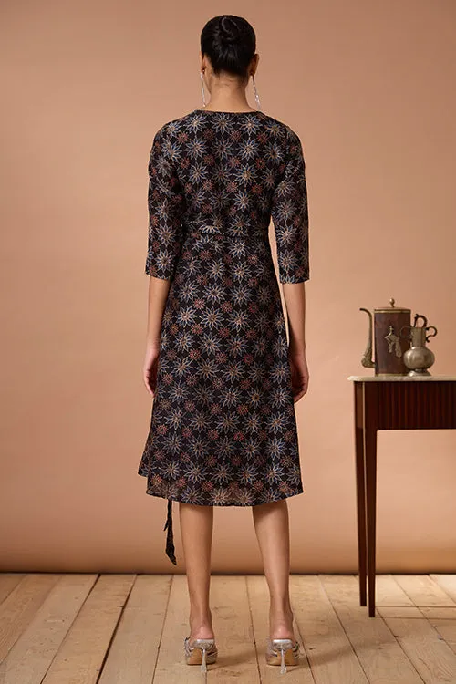 Okhai "Neelam" Hand Embroidered Mirrorwork Handblock Printed Chanderi Silk Ajrakh Wrap Dress