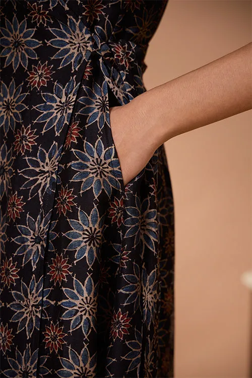 Okhai "Neelam" Hand Embroidered Mirrorwork Handblock Printed Chanderi Silk Ajrakh Wrap Dress
