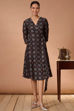 Okhai "Neelam" Hand Embroidered Mirrorwork Handblock Printed Chanderi Silk Ajrakh Wrap Dress