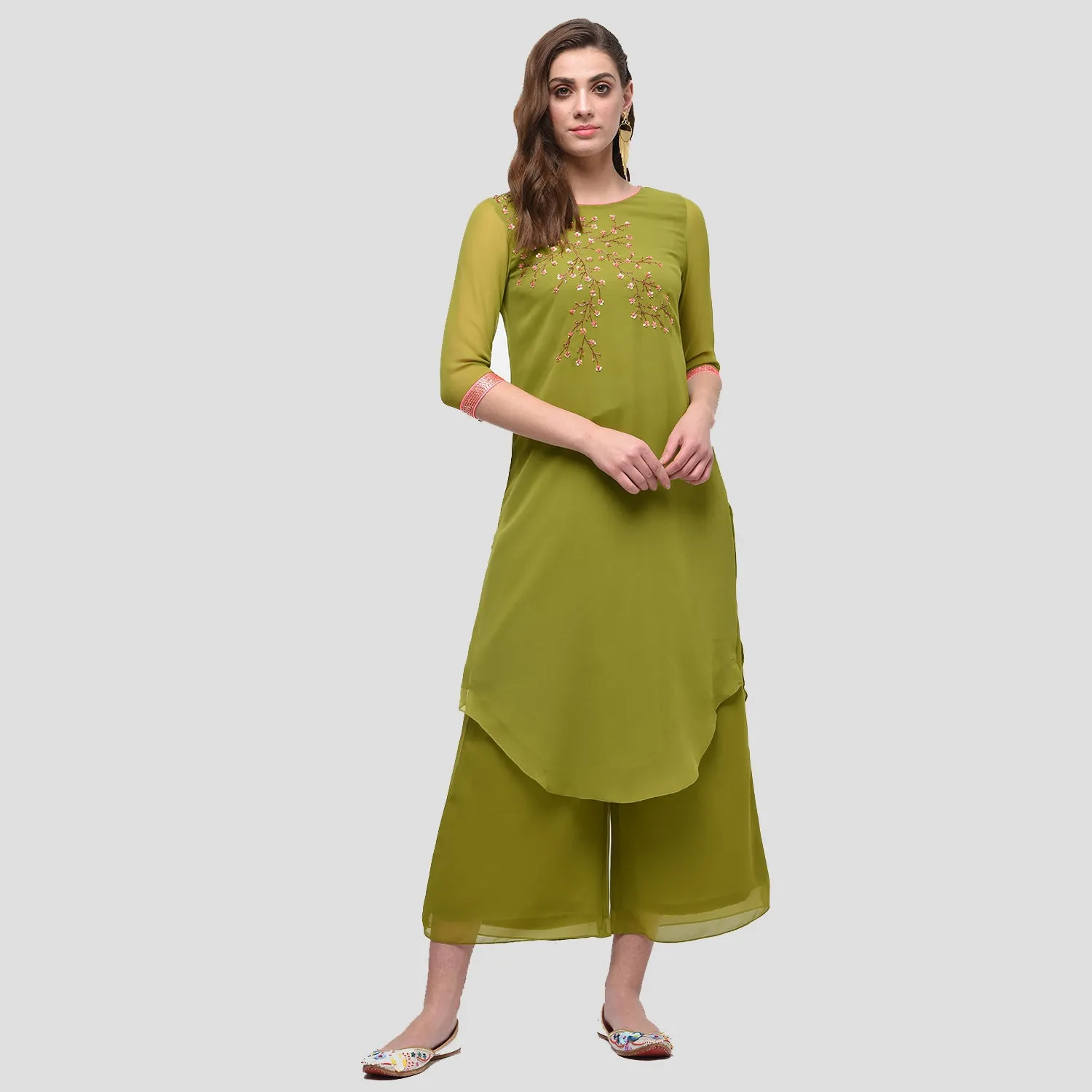 Olive Georgette Asymmetrical Kurti With Embroidery