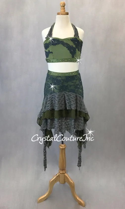 Olive Green and Grey 2 Piece Halter Bra Top with Skirt-Swarovski Rhinestones