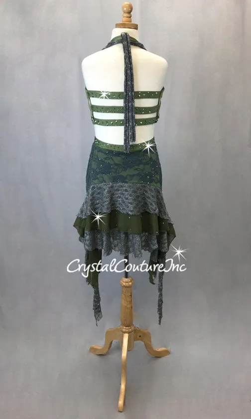 Olive Green and Grey 2 Piece Halter Bra Top with Skirt-Swarovski Rhinestones