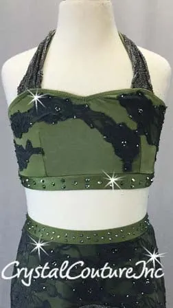 Olive Green and Grey 2 Piece Halter Bra Top with Skirt-Swarovski Rhinestones
