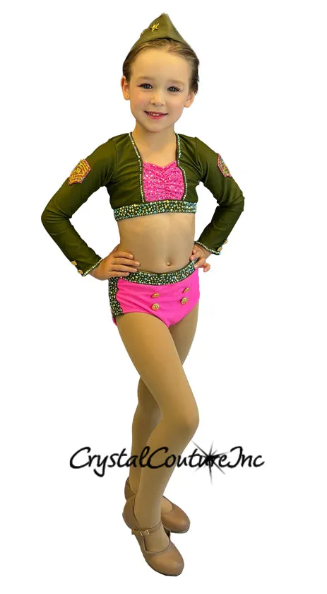 Olive Green and Neon Pink Soldier Two Piece - Rhinestones