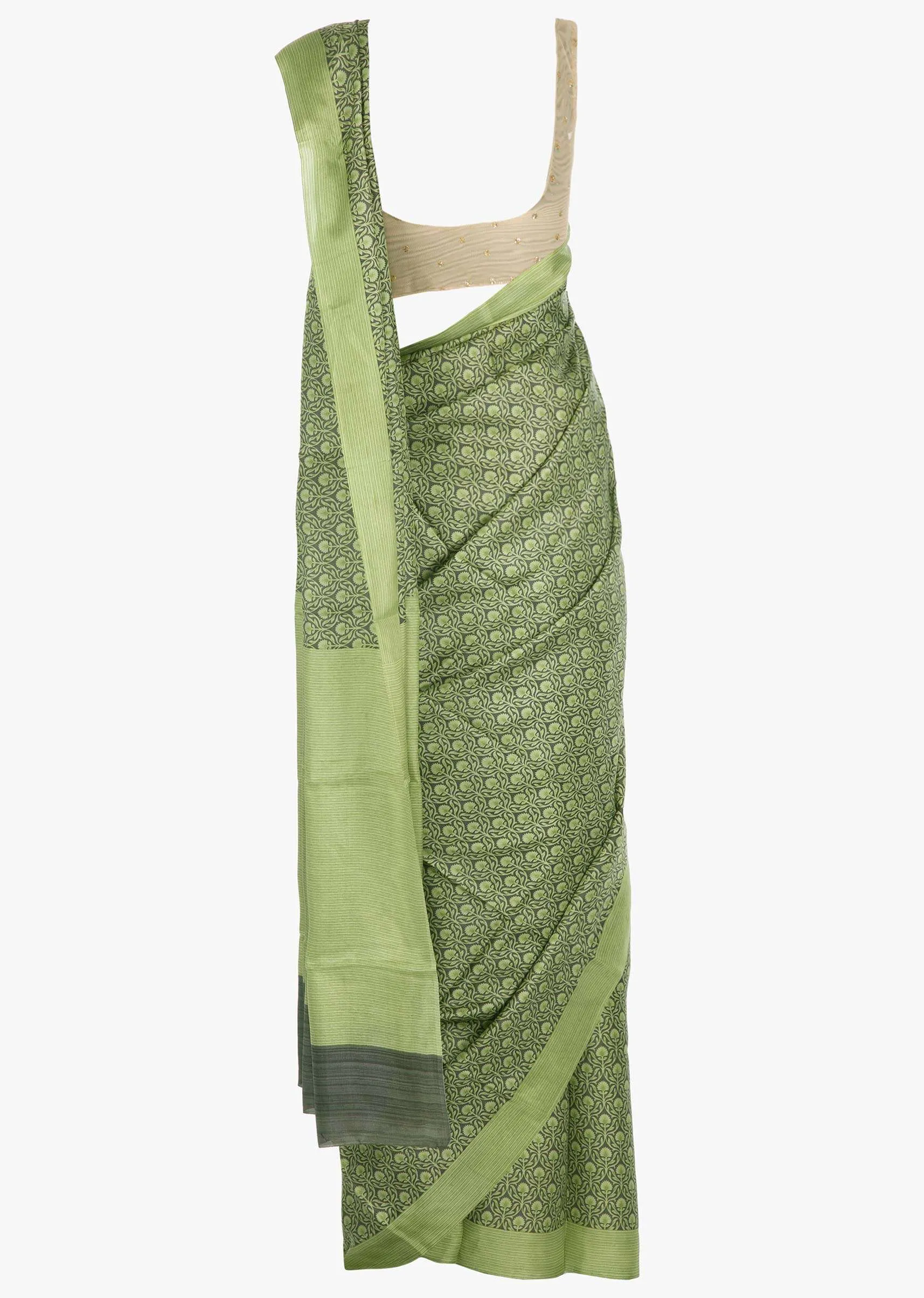 Olive green cotton silk saree in floral print only on Kalki