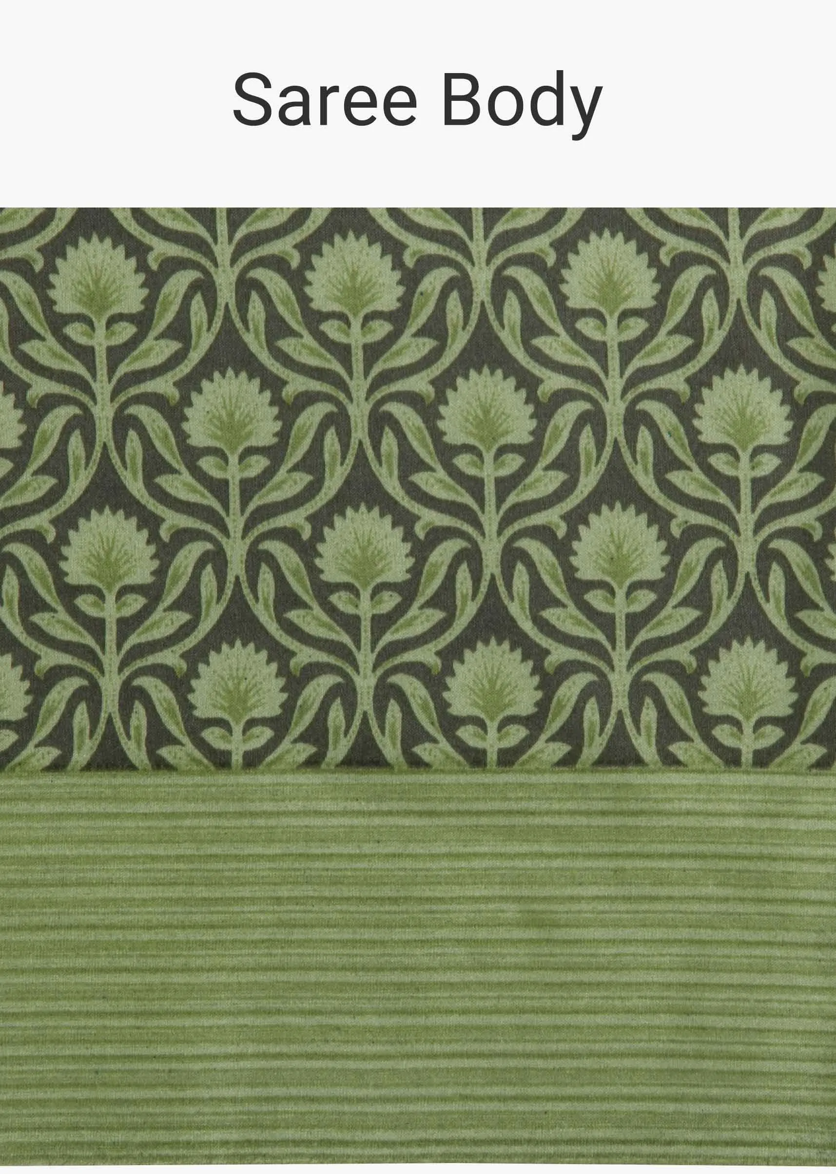 Olive green cotton silk saree in floral print only on Kalki