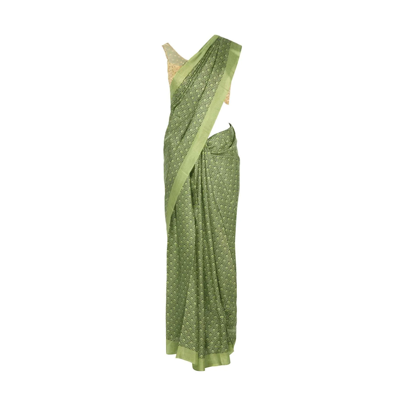 Olive green cotton silk saree in floral print only on Kalki