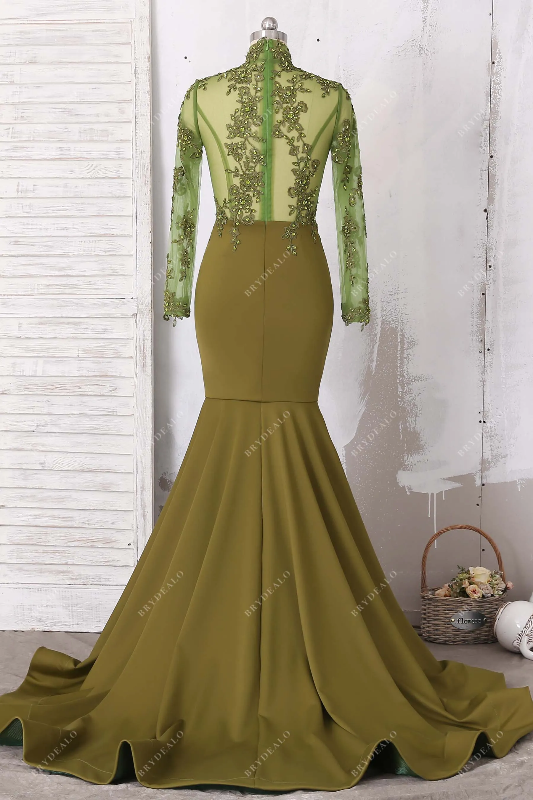 Olive Green High Neck Mermaid Prom Dress