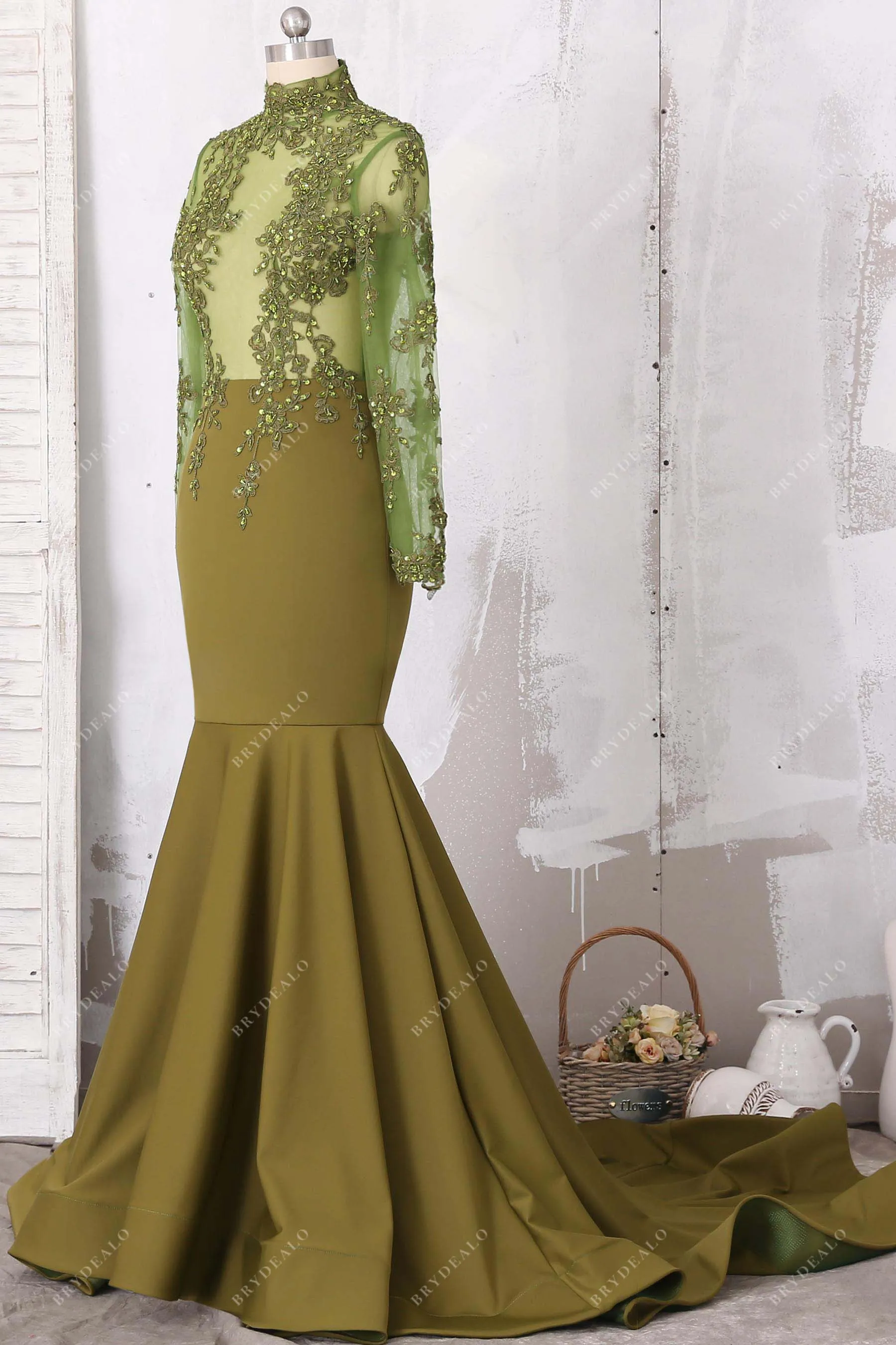 Olive Green High Neck Mermaid Prom Dress