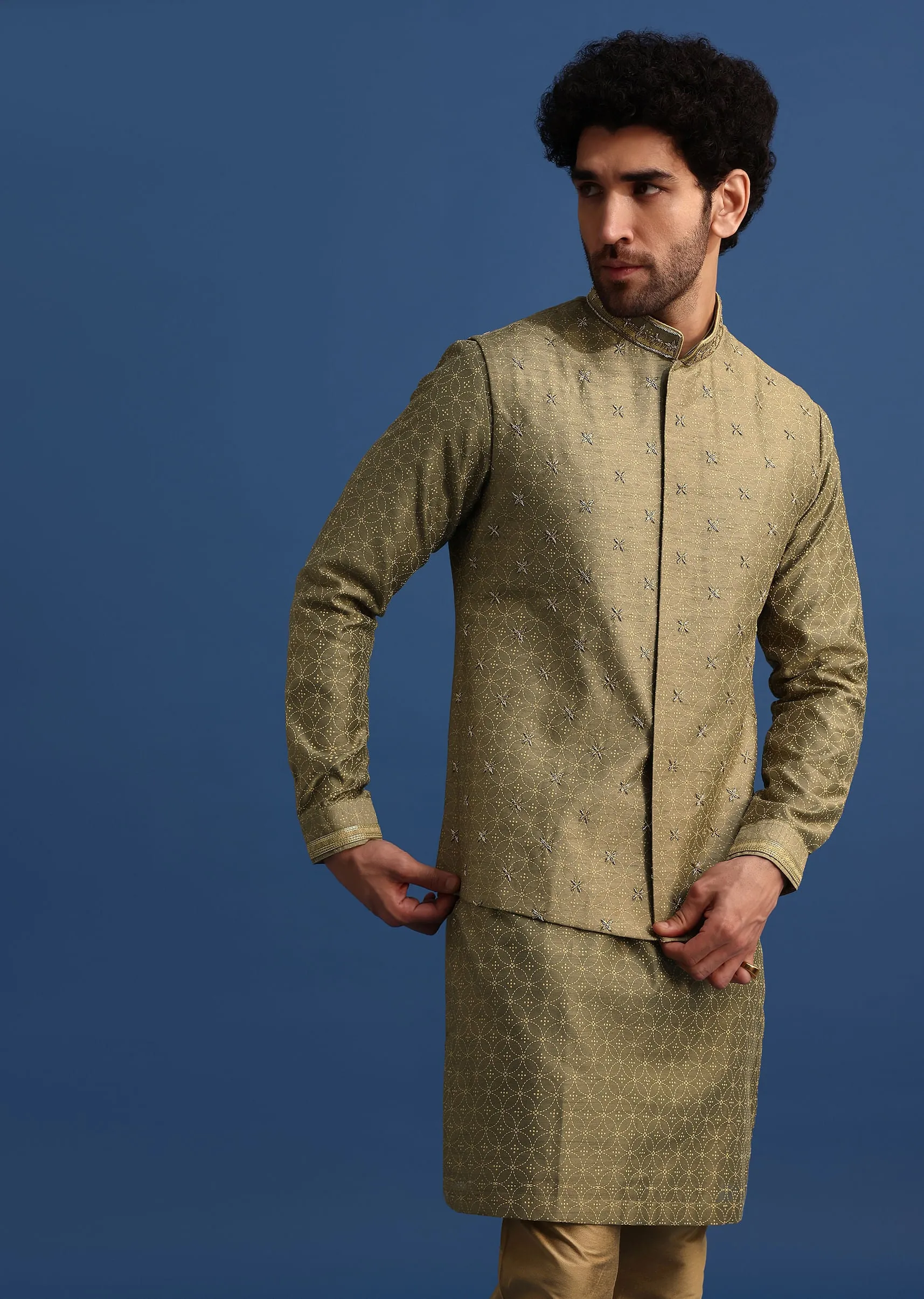 Olive Green Kurta Jacket Set With Hand Work For Men