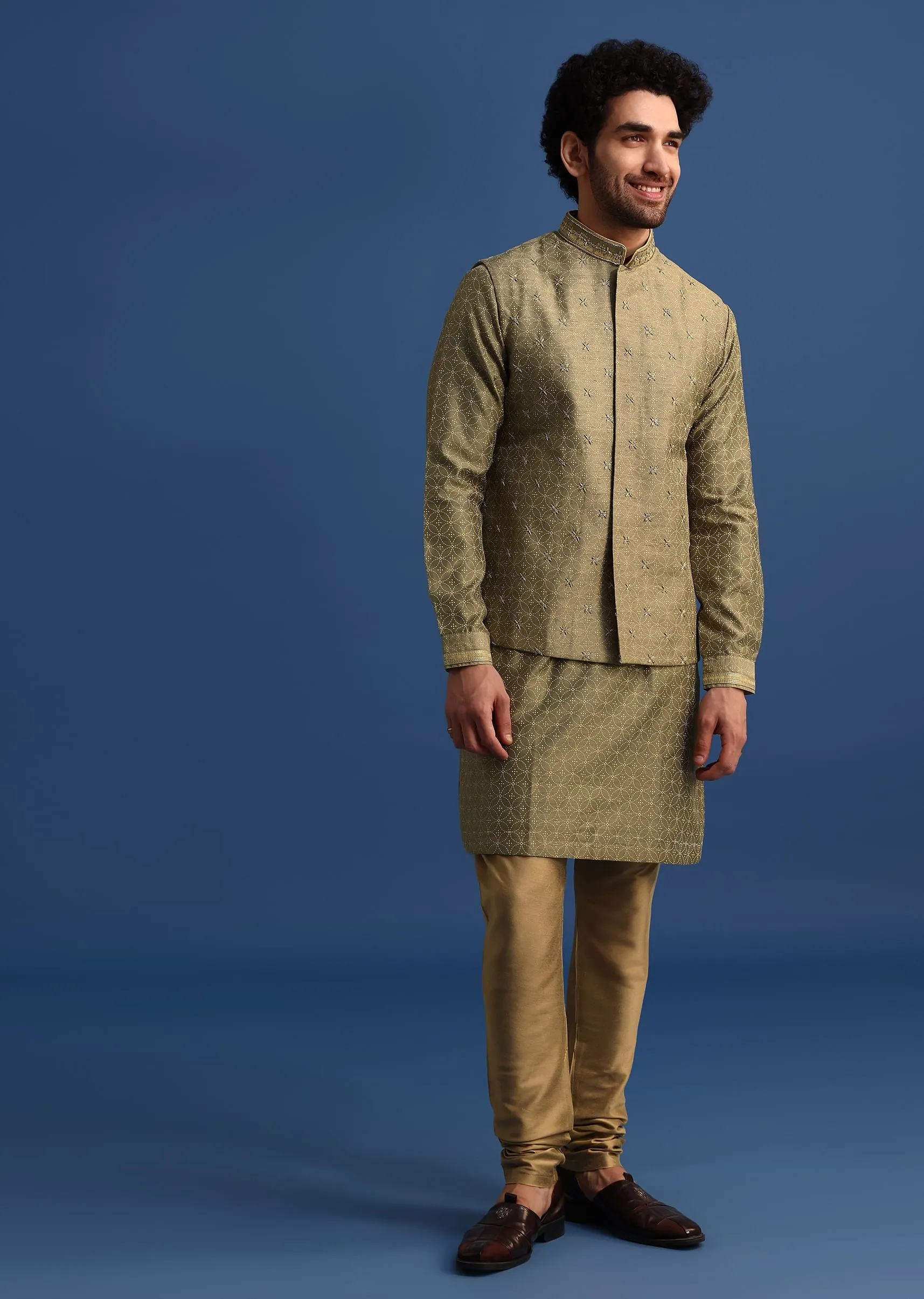 Olive Green Kurta Jacket Set With Hand Work For Men